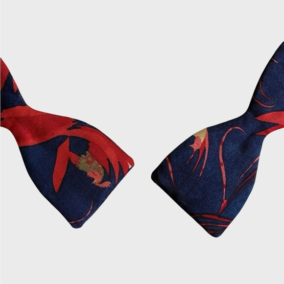 VTG Georgina Von Etzdorf Bird Floral Silk Self Tie Bow Tie Navy Red England RARE - Picture 2 of 16
